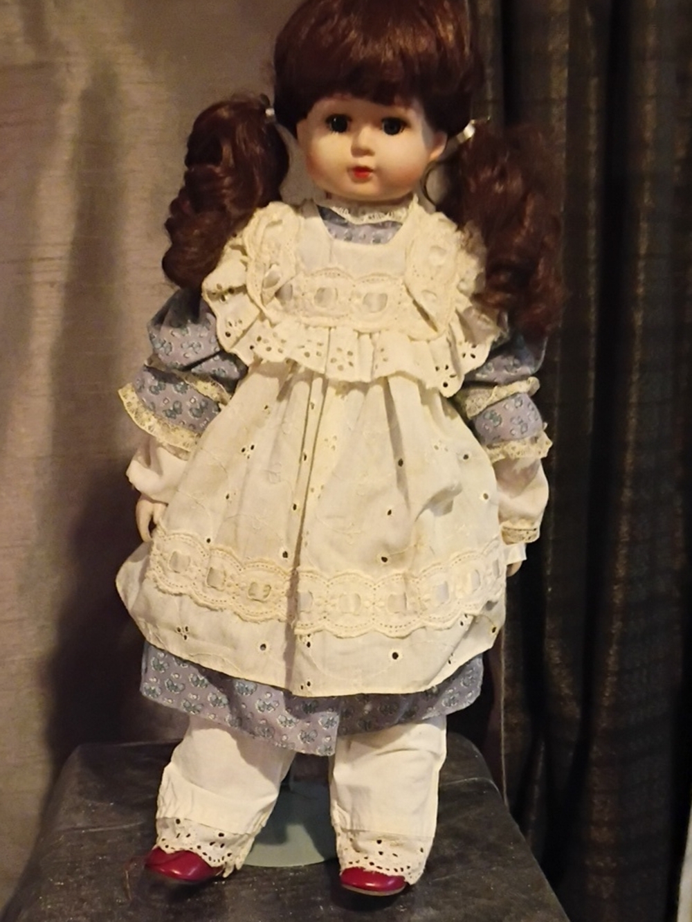 Porcelain Pigtail Doll in White Apron and Blue Dress